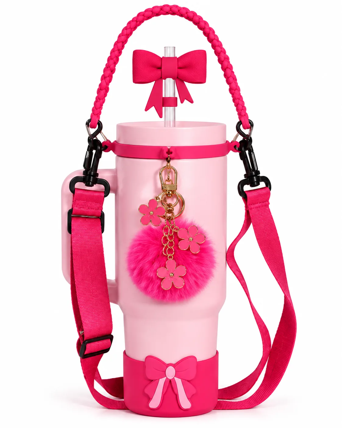 Pink flask with the strap, handle, charms and bow fitted